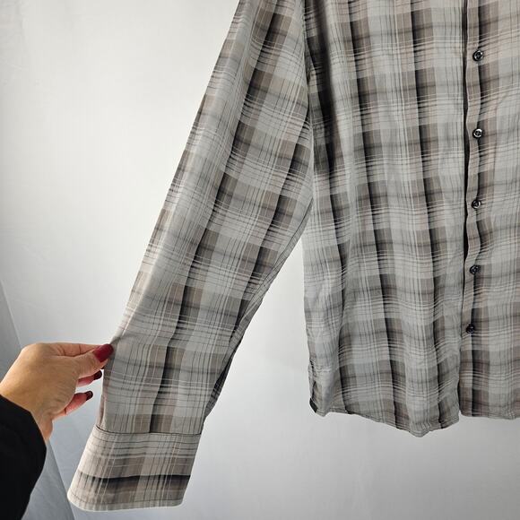 Tommy Bahama Gray Plaid Silk Cotton Blend Long Sleeve Button Up Shirt Men's XL - Picture 7 of 14